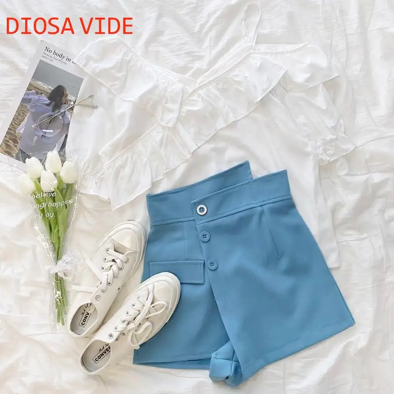 

DIOSA VIDE Sweet ruffled shoulders irregular design slim fit shirt Misplaced buttoned shorts skirt