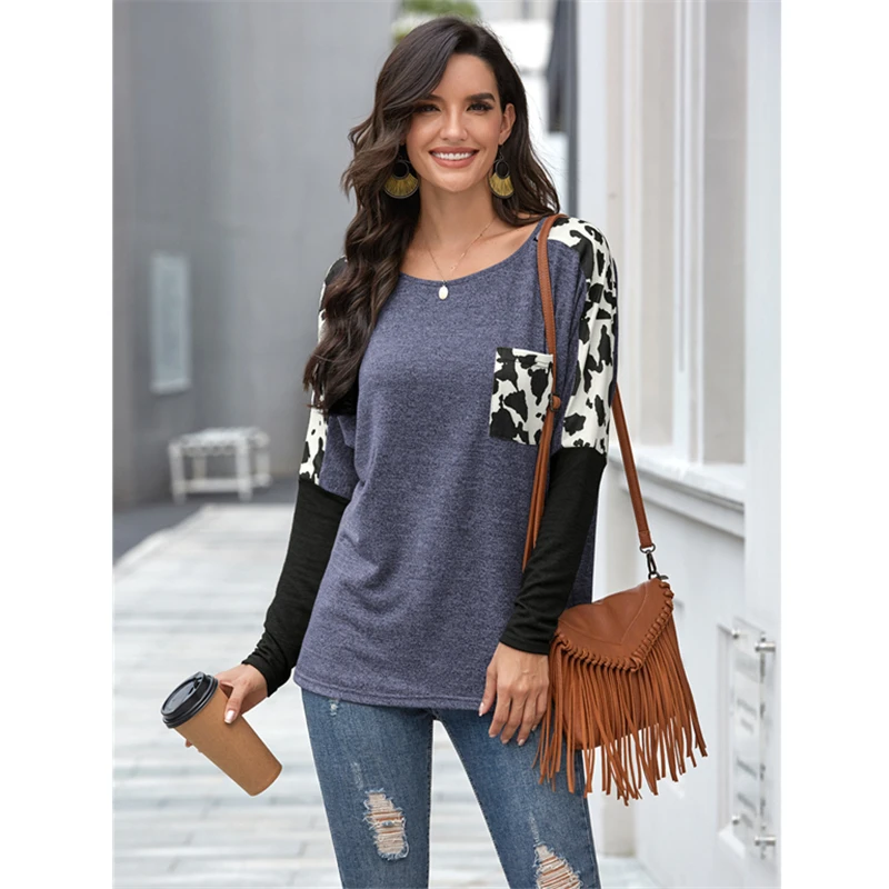 

Plus Size Long Sleeve Women Tshirts 2020 Autumn Pocket Patchwork Leopard Casual Tops