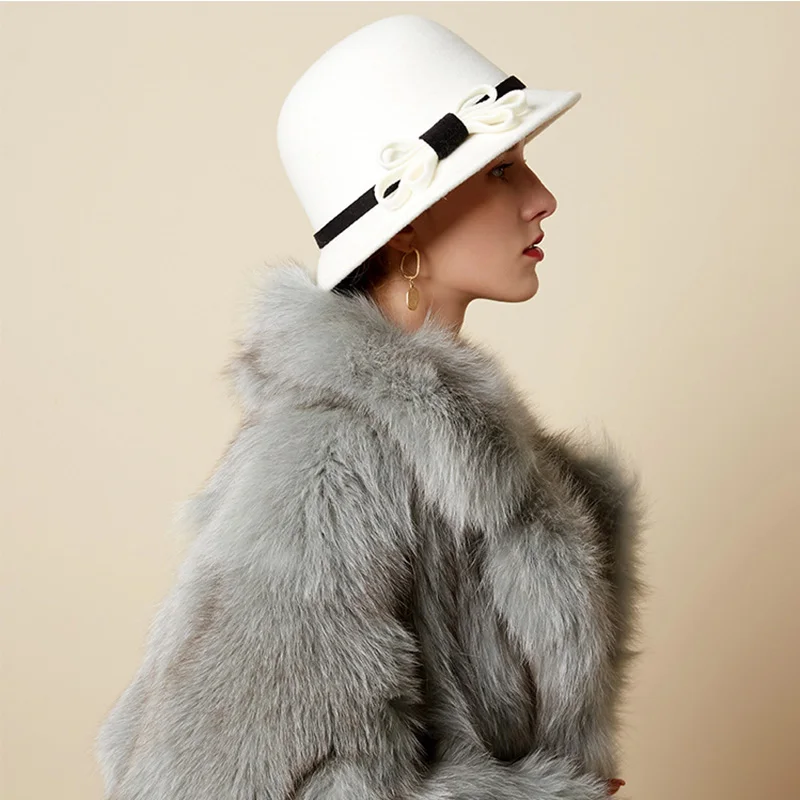 FS Винтаж Черный белый цвет широкими полями фетр Шерсть котелок шапки с бантом