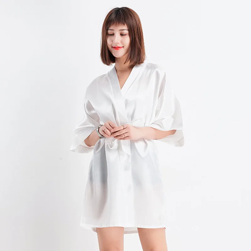 Women's Nightgown Silk Spring and Summer New Solid Color V-neck Cardigan Lace Up Bathrobe Morning Bubble Home Clothes Thin