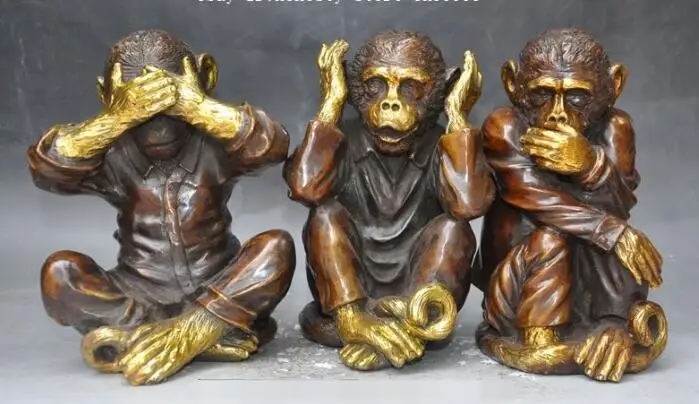 S05761 китайская Бронзовая позолоченная статуя феншуй зодиак животное 3 обезьяны