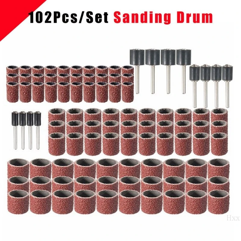 

New 102pcs 120 Grit Sanding Drum Kit With 1/2 3/8 1/4 Inch Sanding Mandrels Fit Tool