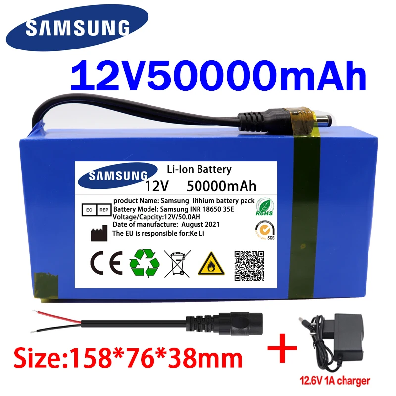 

New 12v 18650 50000mAh Lithium-ion Battery Pack DC 12.6V 50Ah Battery with EU Plug+12.6V1A Charger+DC Bus Head Wire