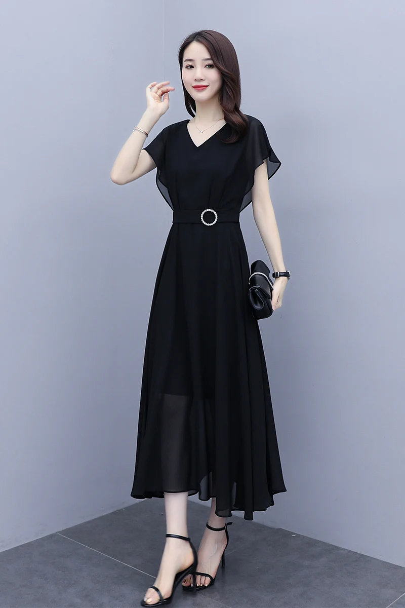 

COIGARSAM 4XL Plus Size French Style Chiffon Women dress New Summer Dresses Black 603