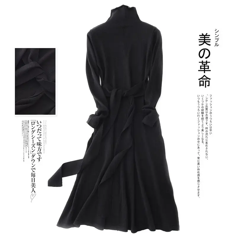 High collar black DSANNINGT женское осеннее кашемировое платье с высоким воротом натуральный вязаный пояс офисное тонкое шерстяное платье ТРАПЕЦИЕВИДНОЕ однотонное платье - Цвет: High collar black