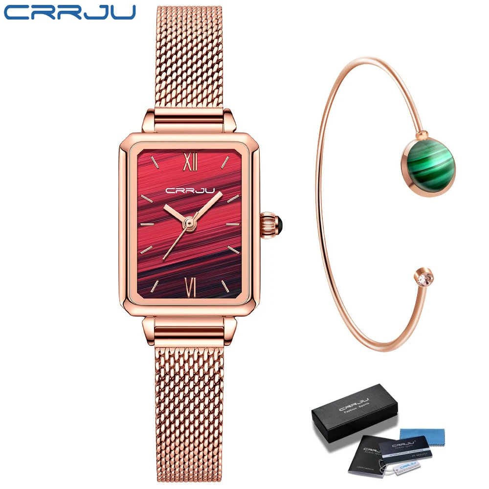 

Часы CRRJU женские с японским механизмом, брендовые Роскошные водонепроницаемые Стильные кварцевые наручные, с красным циферблатом, для деву...