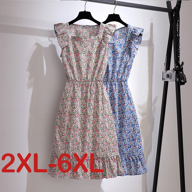 

Women Plus Size Dress Ladies Fashion Floral Printed Square Collar Casual Short Sleeve Chiffon Summer Dress Vestidos