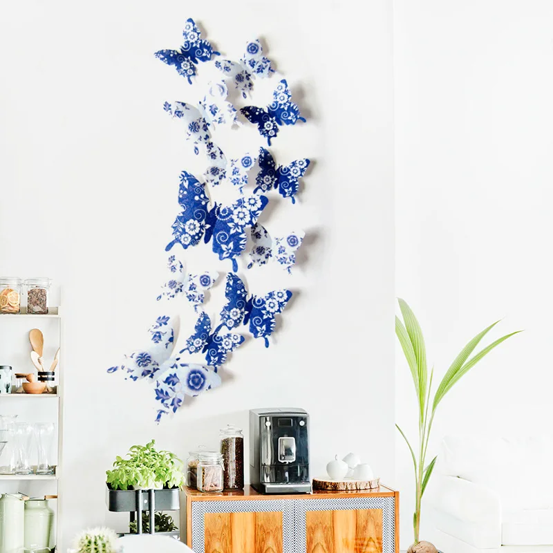 

12Pcs/Set Butterflies Wall Sticker Blue and White Porcelain 3D Butterfly Wall Sticker Party Bedroom Fridge Home Decoration