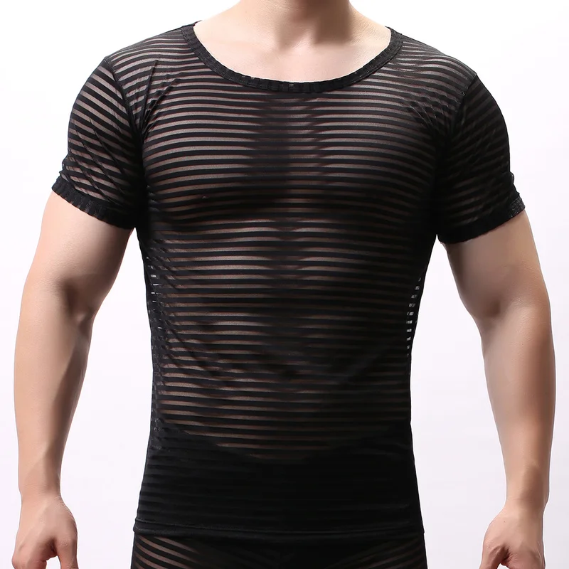 

Sexy Mens Undershirts Striped See Through Mesh Shirt Short Sleeve T-shirts Slim Fitness Homme Tops Breathable Underwear Homewear