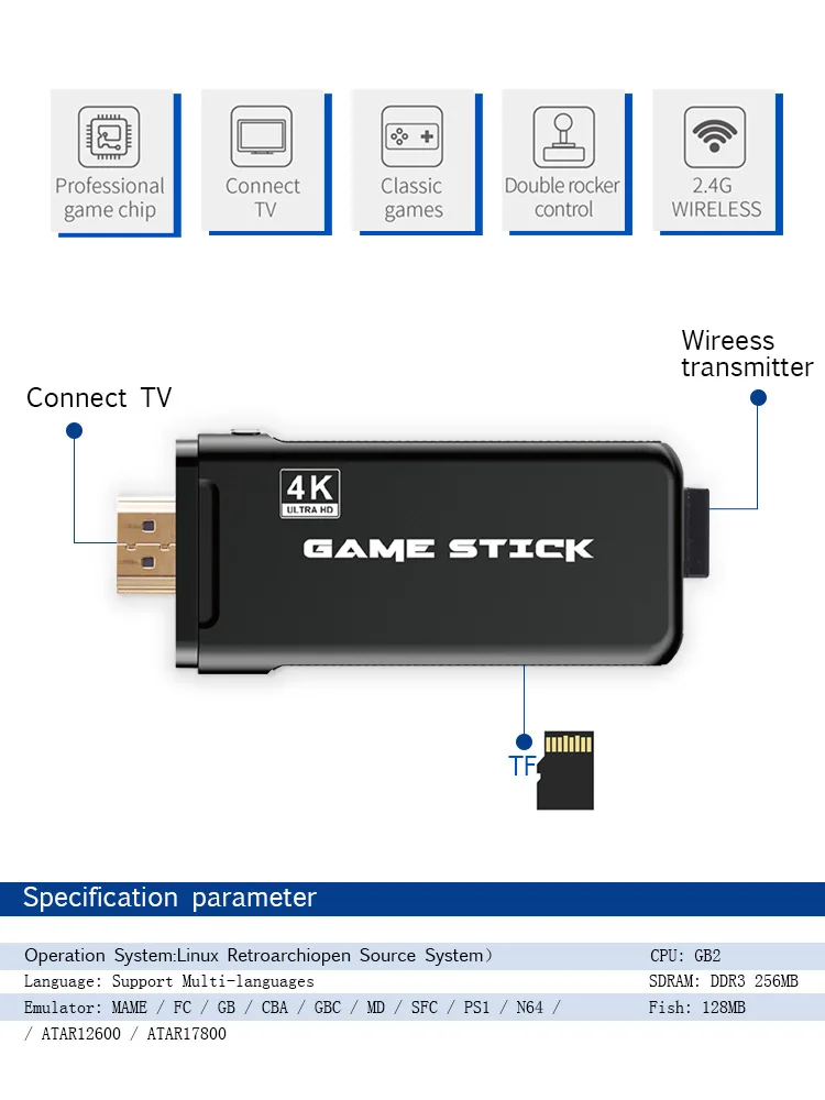 Приставка Игровая Ретро 4K с 2 4G двойным беспроводным контроллером 10000 встроенных