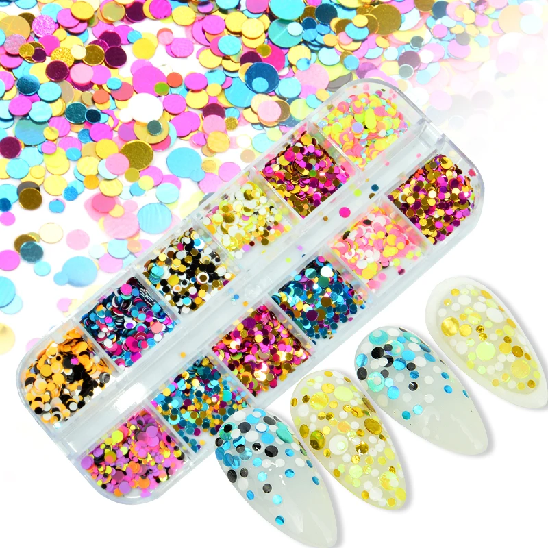 

WUF 12 Grids Mixed Color Round Nail Glitter Flakes 1/2/3mm 3D Sequins Paillette Powder Charms Nail Art Decoration Manicure