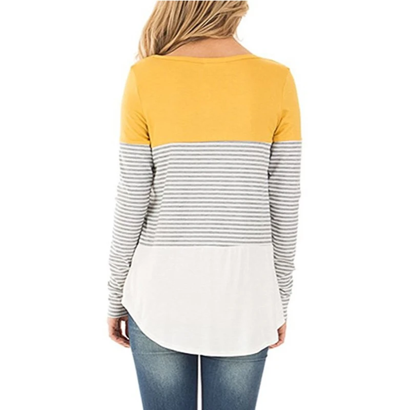 50 2019 Casual Cotton Long Sleeve T-Shirt Women Striped Elastic Loose Shirt O Neck Female Irregular Hem Top Patchwork | Женская одежда