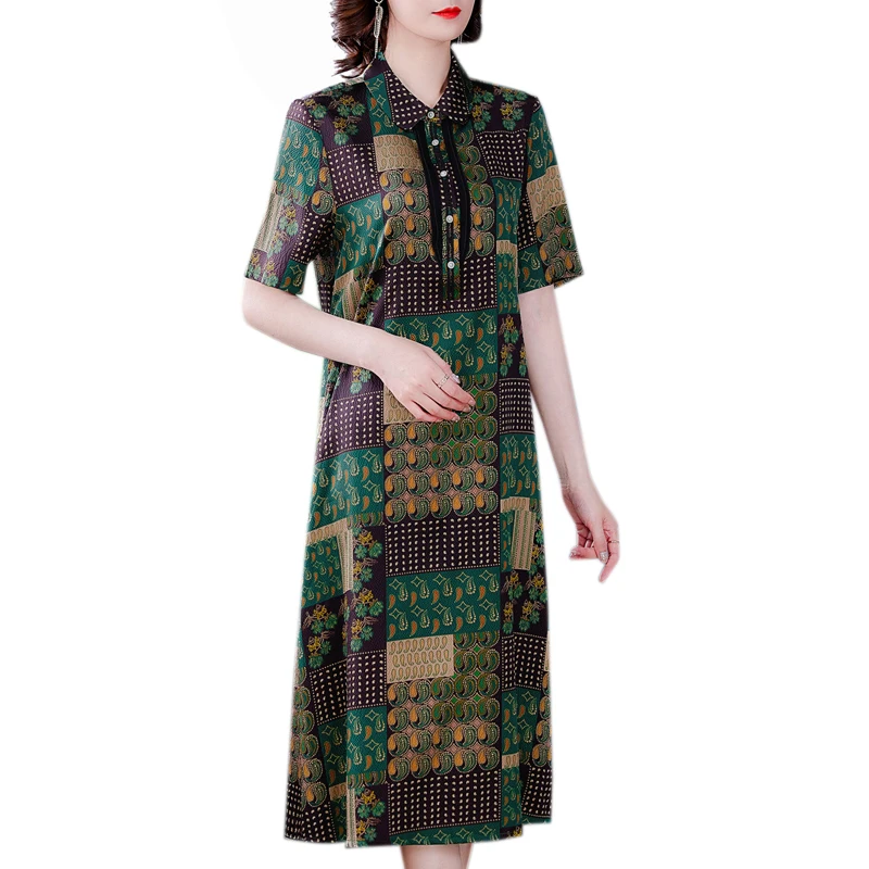 

COIGARSAM 4XL Plus Size Patchwork Women dress New Summer Print Dresses Green 9956