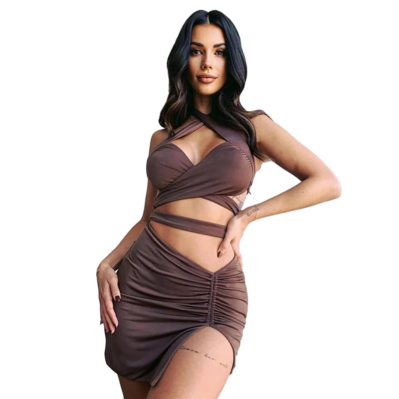 

Halter Sexy Slim 2 Pieces Sets Women Summer Casual Bandage Crop Tops Split Mini Skirts 2021 Fit Aesthetic Chic Party Skirt Set