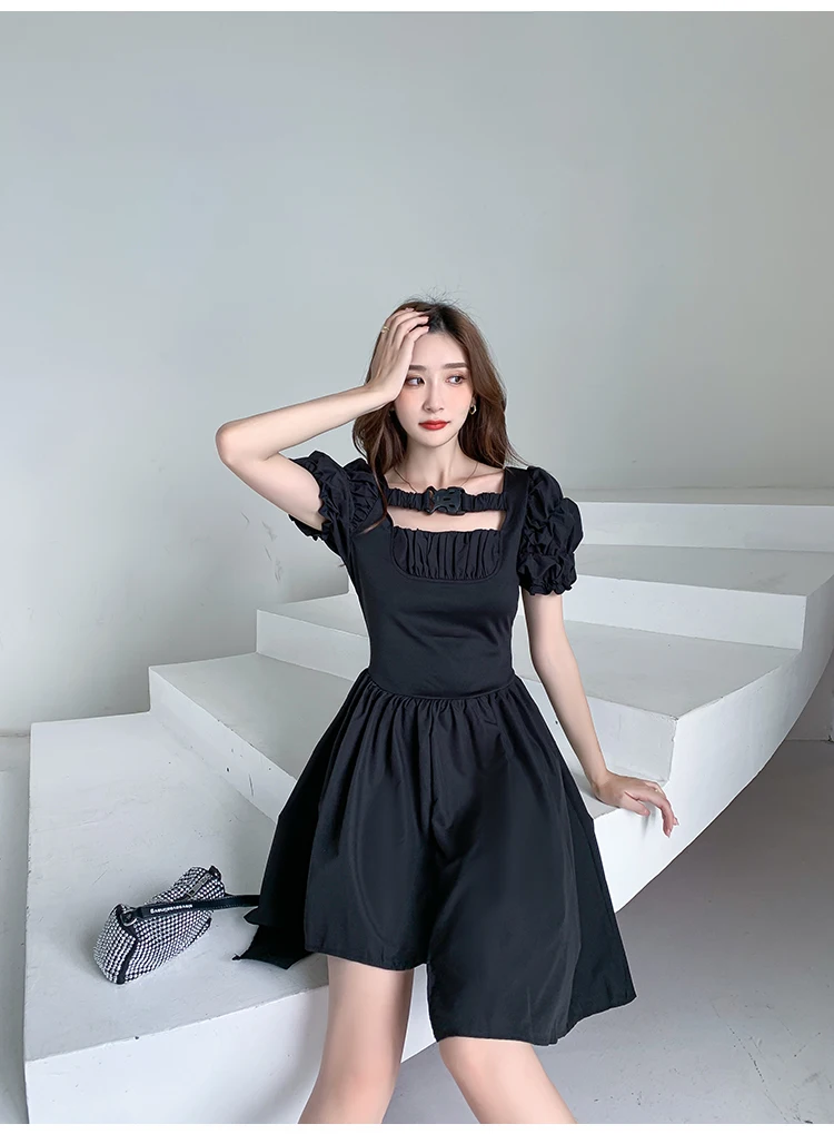 

Real photo puff sleeve dress female summer 2021 new French square collar loose irregular dresses female