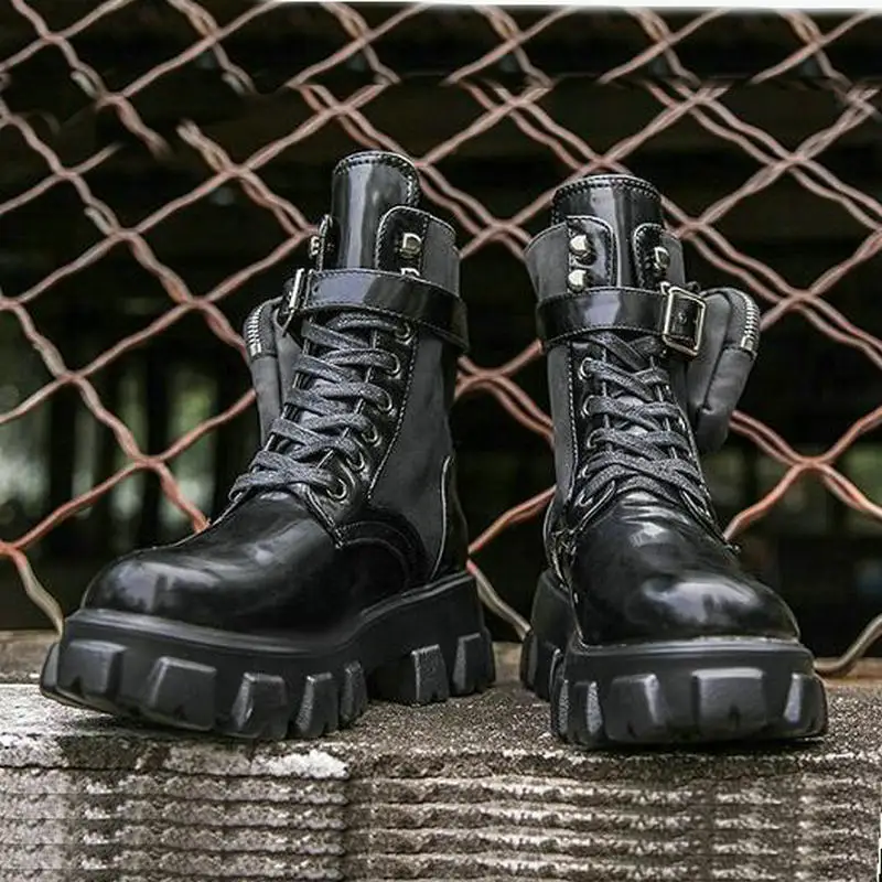 

Fashion Pocket Women Boot Lace Up Ladies Ankle Boots Female Motorcycle Chunky Sole Pouch High heels Boots Woman Platform Shoe