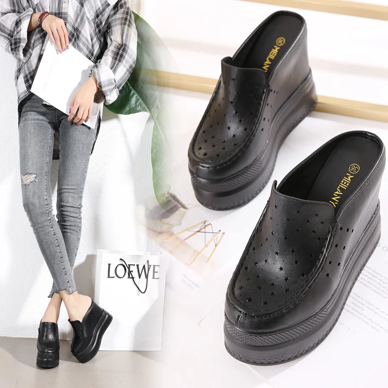 

Closed Toe Half Slippers All-Matching Height Increasing Insole 13cm Women's Slip-on Lazy Style Slippers Heel-Free White Shoes