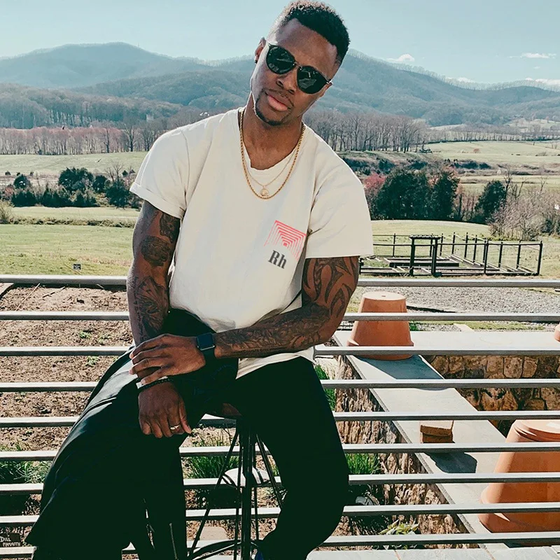 

Fashion men's summer short sleeve 1:1 Rhude designer brand rhuigi villaseor 100% cotton loose hip hop old streetwear T-shirt