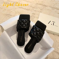 slippers womens summer flat bottom square toe fashion outer wear 2021 woven one word drag all match ladies sandals and slippers