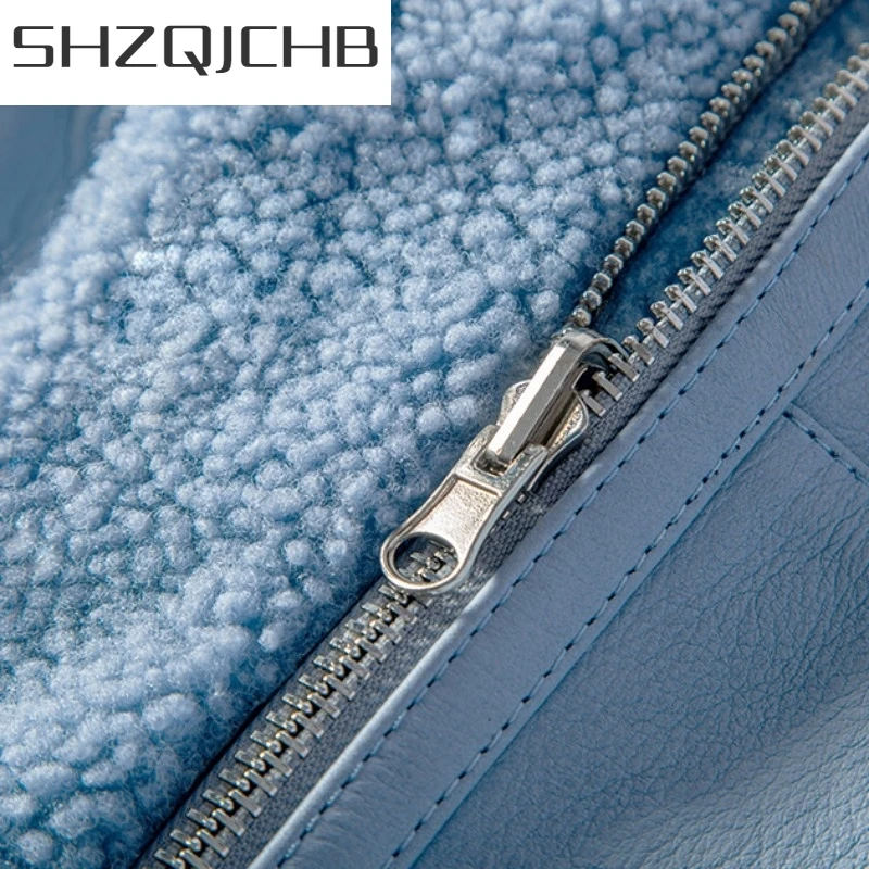 

JCHB 2021 Winter Real Fur Shearling Jacket Women Luxury Natural Lamb Fur Biker Short Coat Elegant Vintage Zipper Warm Lady Wool