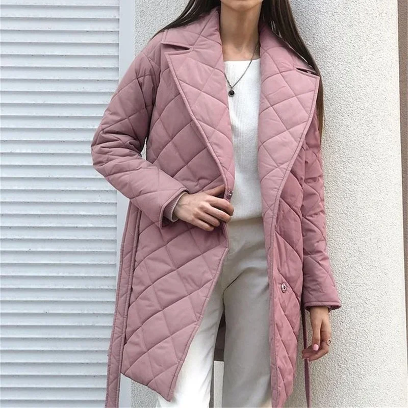 2023 Fall/winter Women's New Style Lapel Mid-length Padded Jacket Fashion All-match Design Waist Pocket Padded Jacket Women