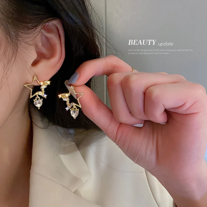 

925 Silver Needle Cute golden Color five-pointed star Stud Earrings Jewelry with Zirconia Crystal Ear Stud for Women Party Gift