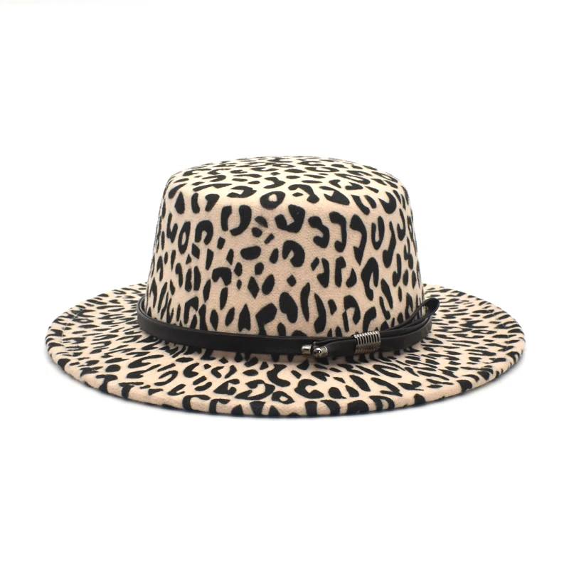 Ladies Leopard Print Winter Warm Flat Top Fedora Hat Top Jazz Hat Men And Women Round Flat Top Hat P15