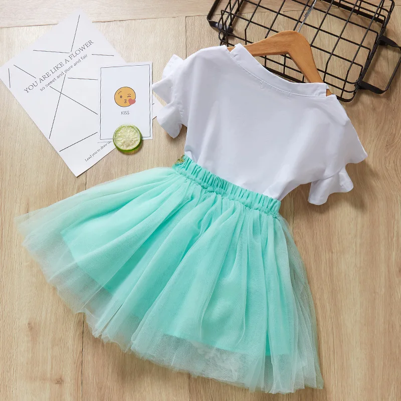 Хлопковая футболка для девочек юбка-пачка с цветочной аппликацией и вышивкой 2