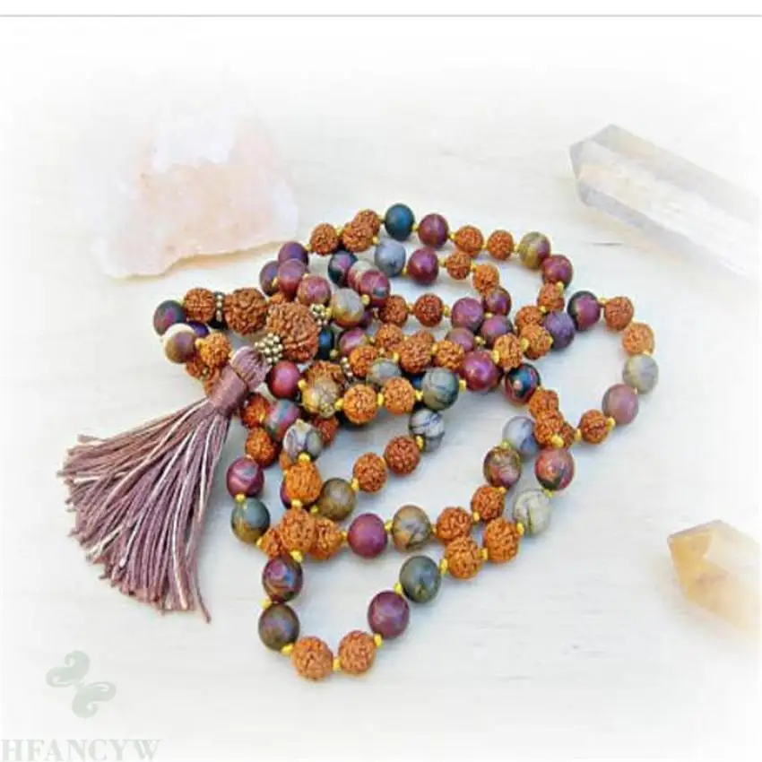

8mm Rudraksha Red mica Gemstone 108 Beads Mala Necklace Ruyi cuff Healing yoga DIY Meditation natural Unisex Bless Wristband