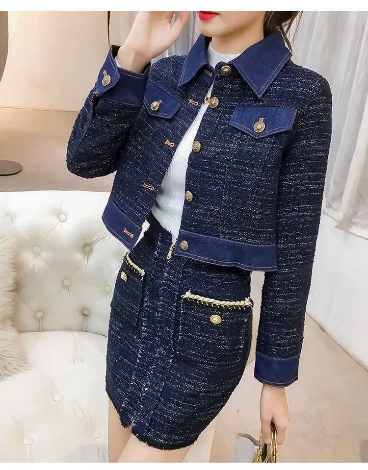 

2020 Autumn Women 2 Piece Set Fashion Gold Button Single-breasted Tweed Short Jacket + Elegant Tassels Bodycon Skirt Suits