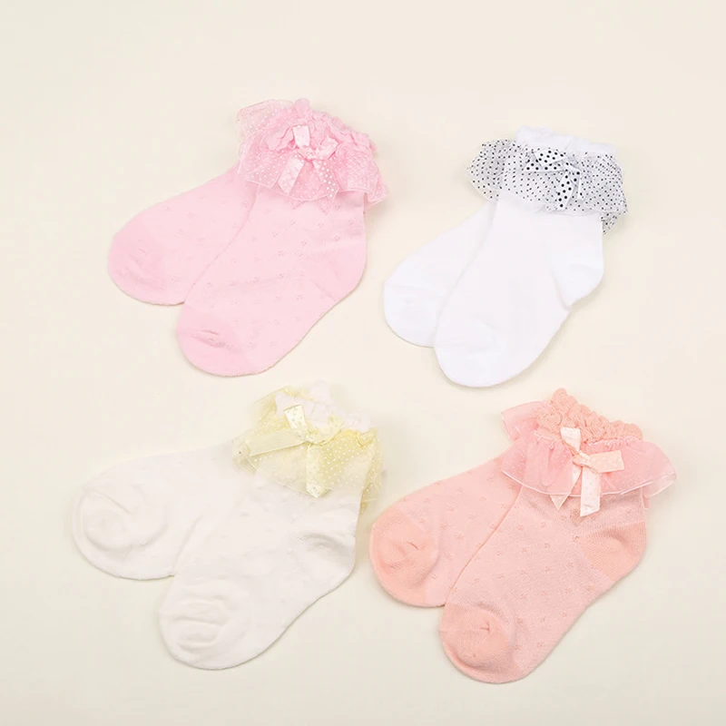 Calcetines de algod&oacute;n finos para beb&eacute; de 1 a 3 a&ntilde;os, medias de malla de encaje con nudo de lazo, w057-5