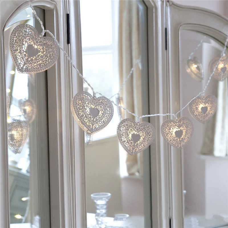 

White 10 lights wrought iron hollow love string lamp battery box for wedding party bedroom outdoor garden decoration