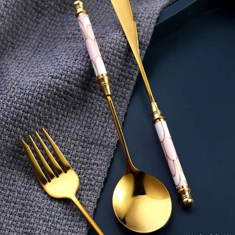 

Stainless Steel Gold Dinner Spoons Knives Fork Mirror Polished Modern Elegant Design For Home Restaurant Ceramic Handle Dropship