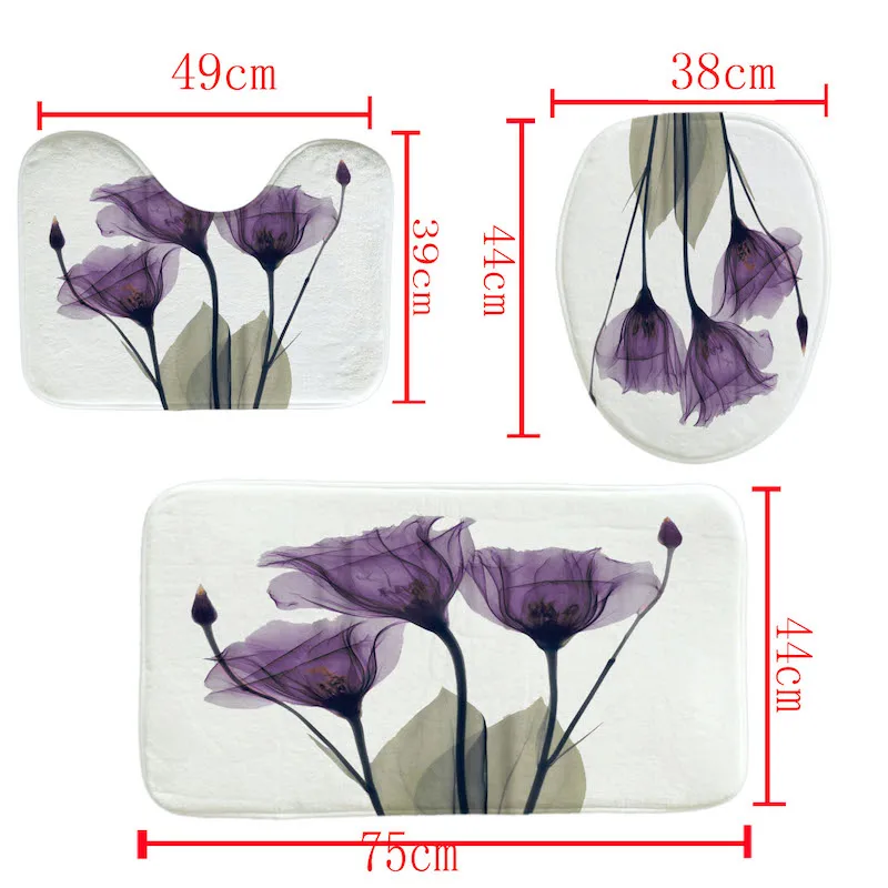 

3D 4pcs Bathroom Shower Curtain Flower Print Durable Waterproof Bath Curtain Set Toilet Cover Mat Non-Slip Bathroom Rug Set