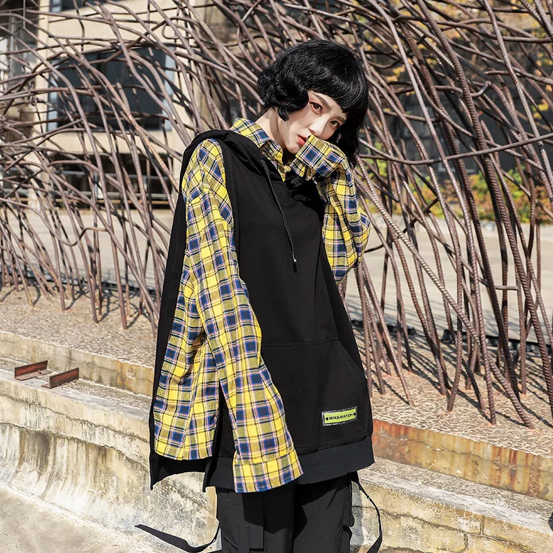 

Plaid shirt fake two-piece female retro Hong Kong-flavored thin loose hooded hooded contrast sweater tide brand women's hoodie