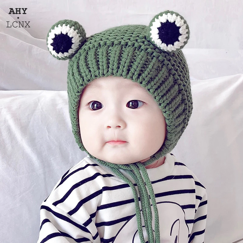 

Winter Warm Baby Knitted Hat Kids Knit Beanie Hats Cute Children's Frog Shape Bonnet Boy Girls Plush Lined Windproof Earflap Cap