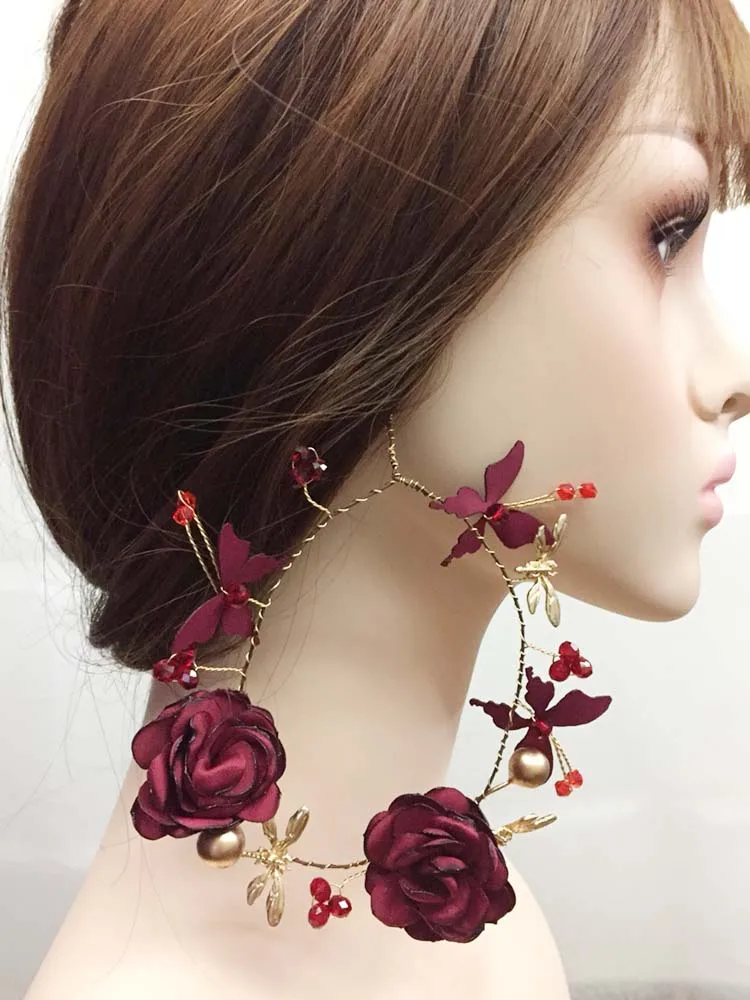 Серьги клипсы с красными цветами для невесты яркие красные серьги подарочные