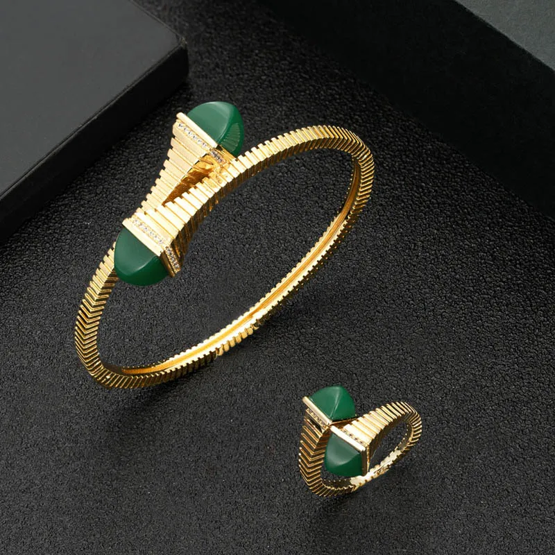 

Zlxgirl jewelry New Charms 2PC Dubai Gold Bracelet Ring jewelry Set For Women Wedding Bridal Cubic Zircon PARTY Bangle anel set