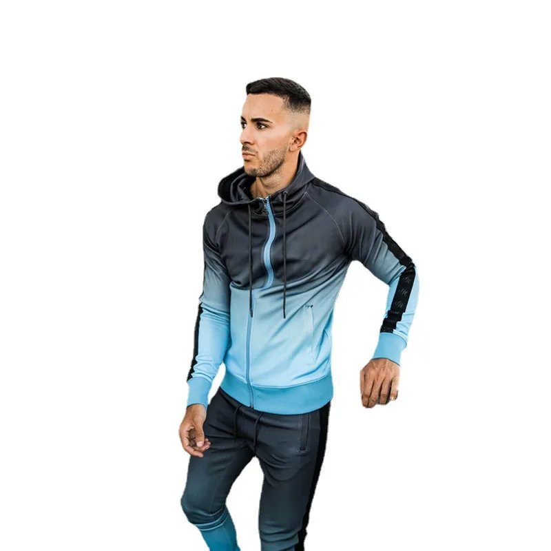 

2021 Spring And Autumn New Fashion Casual European Sports Suit Men's Fitness Hollow Elastic Sweater Gradient Couple Suit