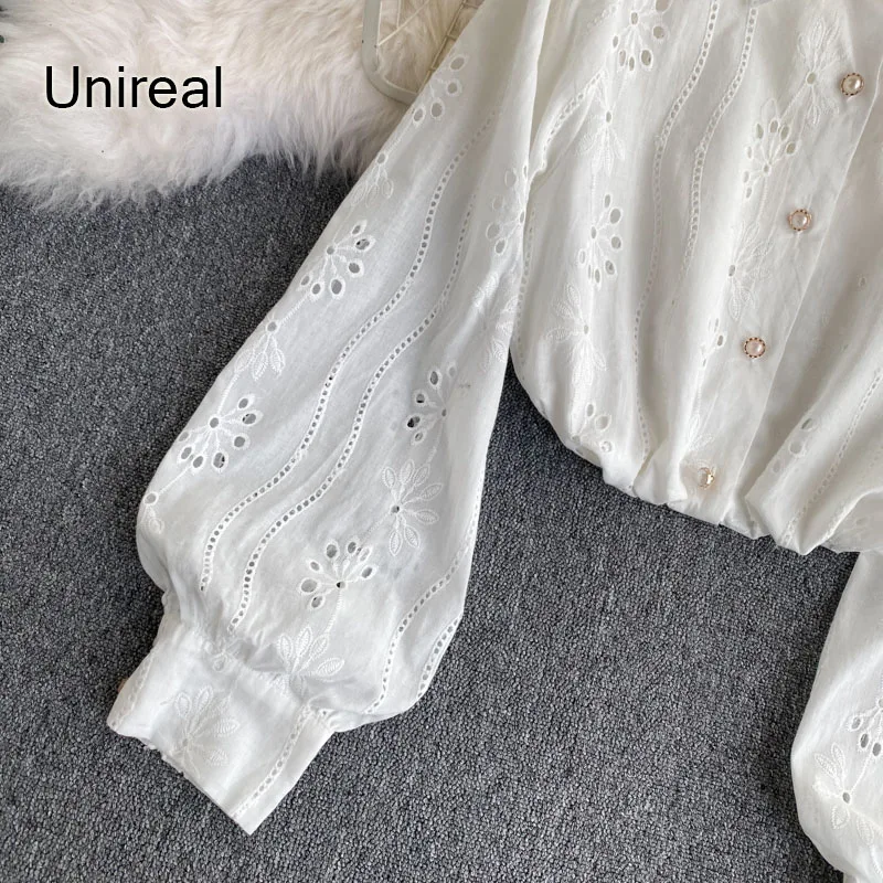 

Unireal 2021 Summer Women White Embroidery Shirt Blouse Long Sleeve Vintage Casual Loose Cute Sweet Cotton Shirt Tops