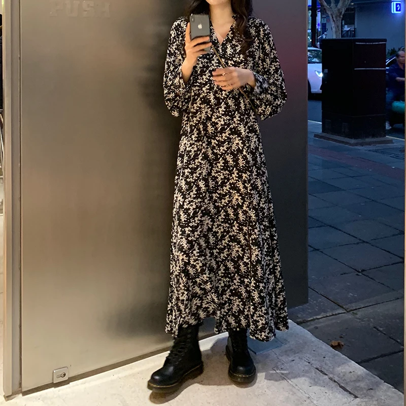 

Women Print Dress Loose Long Sleeve A-line Vintage Elegant Loose Dress Vestidos De Fiesta