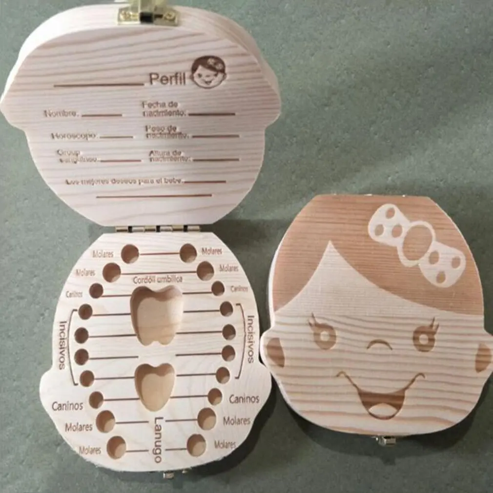 

Wooden Baby Kids Tooth Storage Box English Teeth Umbilical Lanugo Organizer Gift Keepsakes Save