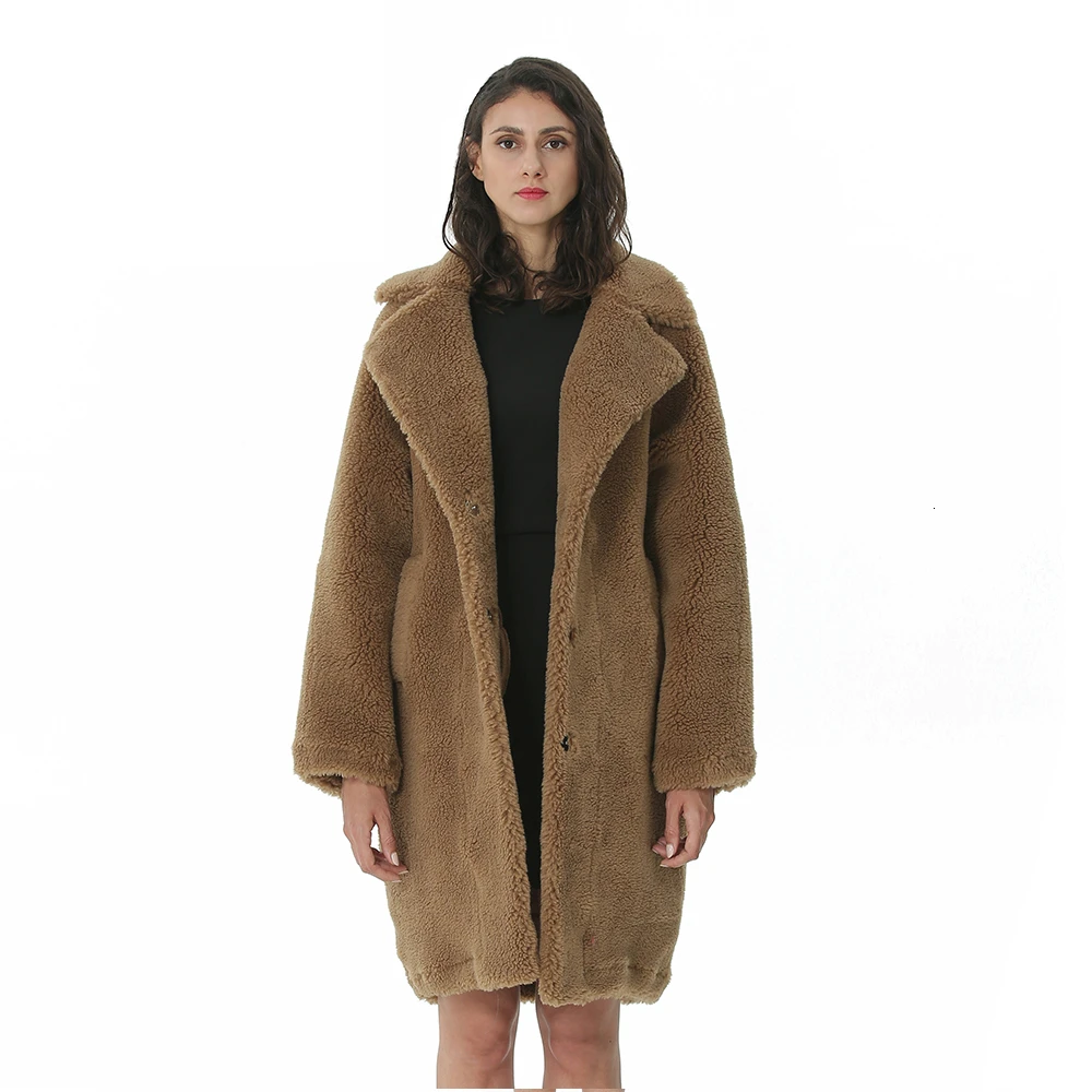 Пальто Женское Зимнее С Длинным Рукавом Пальто Осеннее Шерстяное Женское Свободный Покрой Модное Модели Белая Куртка Женская Зимняя Отложной Воротник Тёплая Одежда Для Женщины - Цвет: Camel