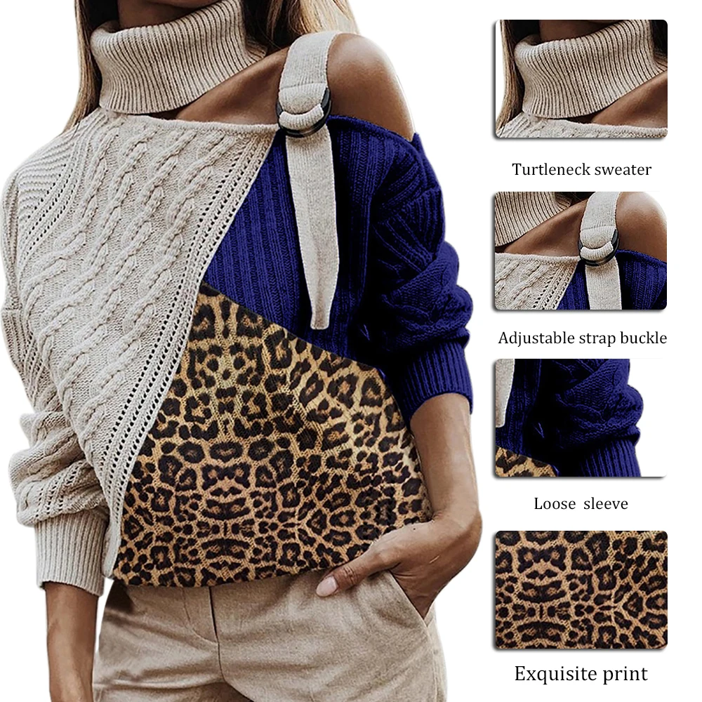 OEAK Sexy Off Shoulder Turtleneck Warm Sweater Women Patchwork Knitted Pullovers Autumn Winter Ribbed Tops Jumper | Женская одежда