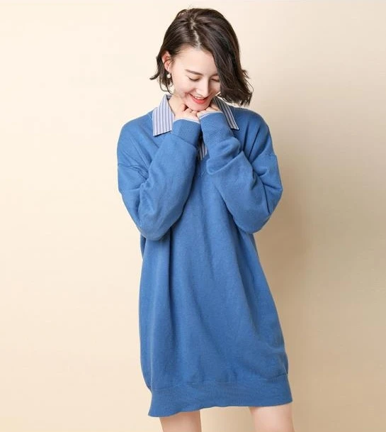 Blue-012 Spring Autumn Winter New Women Lady Cashmere Wool Long Sweater Pullovers Solid V-Neck Casual Big Size Warm Wild Loose Fashion - Цвет: Blue-012