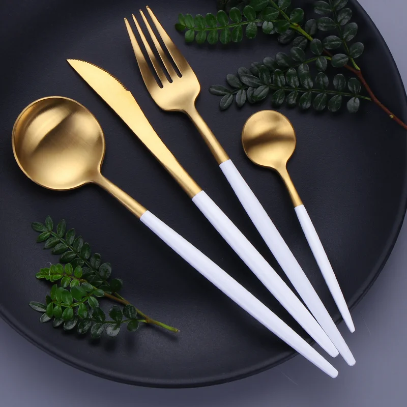 

White Gold Flatware Set Stainless Steel Cutlery Set Kitchen Dinnerware Dessert Spoon Fork Knife Set Golden Utensils Dropshopping