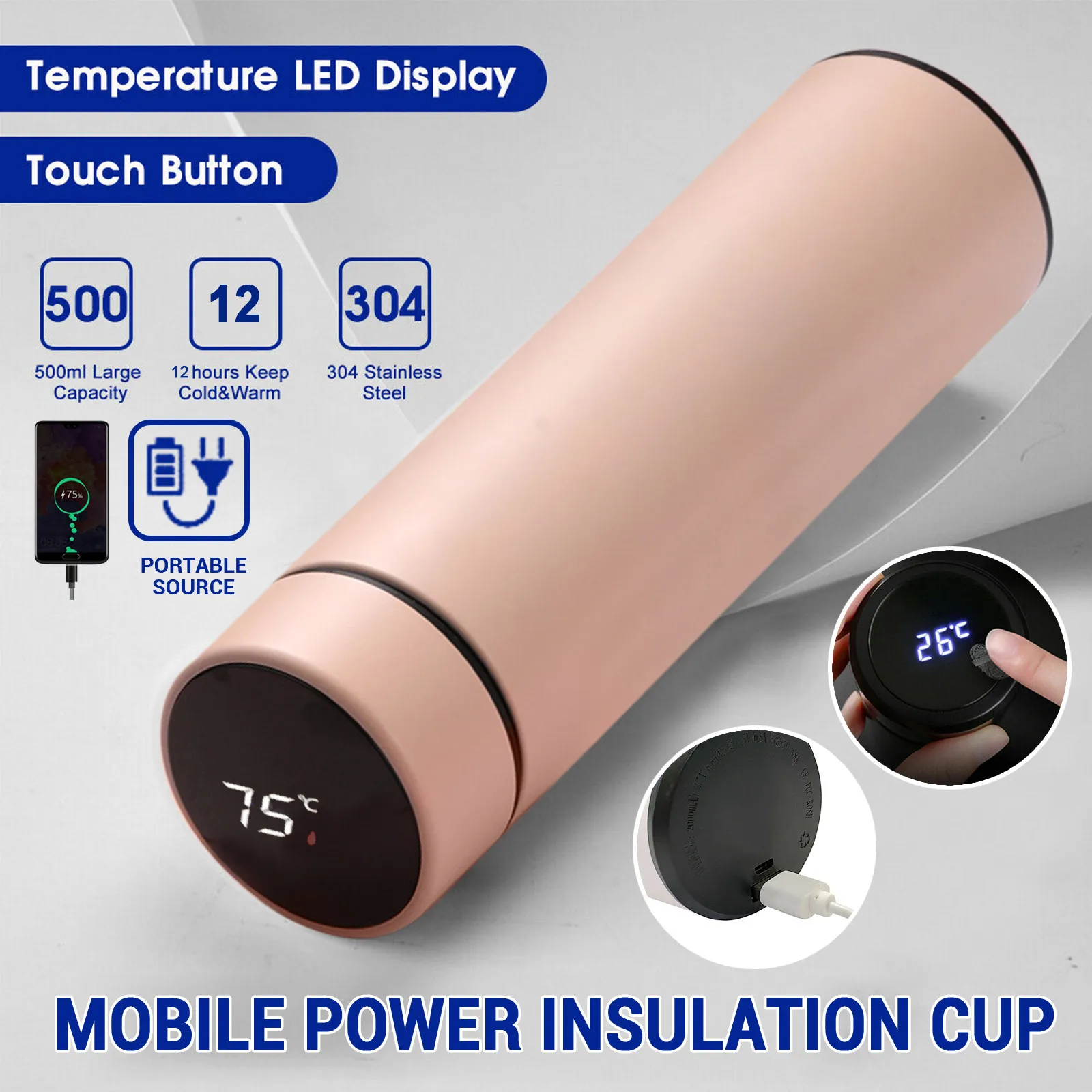 Вакуумная фляжка Saingace 500 мл из нержавеющей стали USB Мобильная мощная кофейная