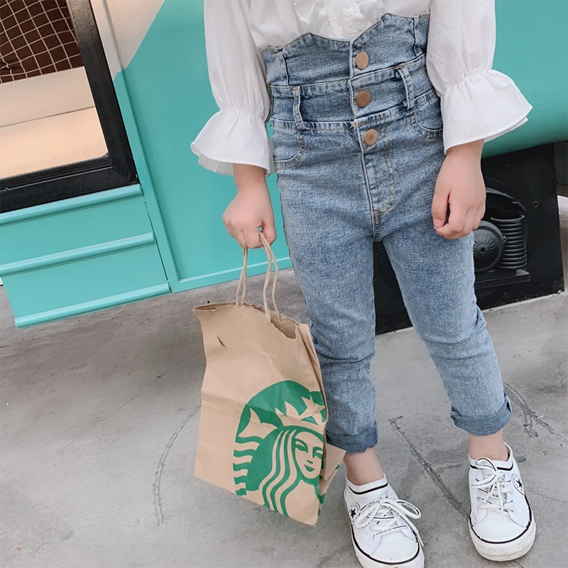 Джинсы с высокой талией для девочек осень 2019 новые брюки повседневные штаны