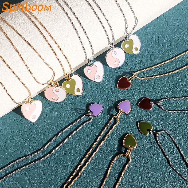 

New Ins Vintage Heart Pendant Necklaces Colorful Yin Yang Tai Chi Chain Necklace for Women Fashion Jewelry Retro Bohemian Gifts