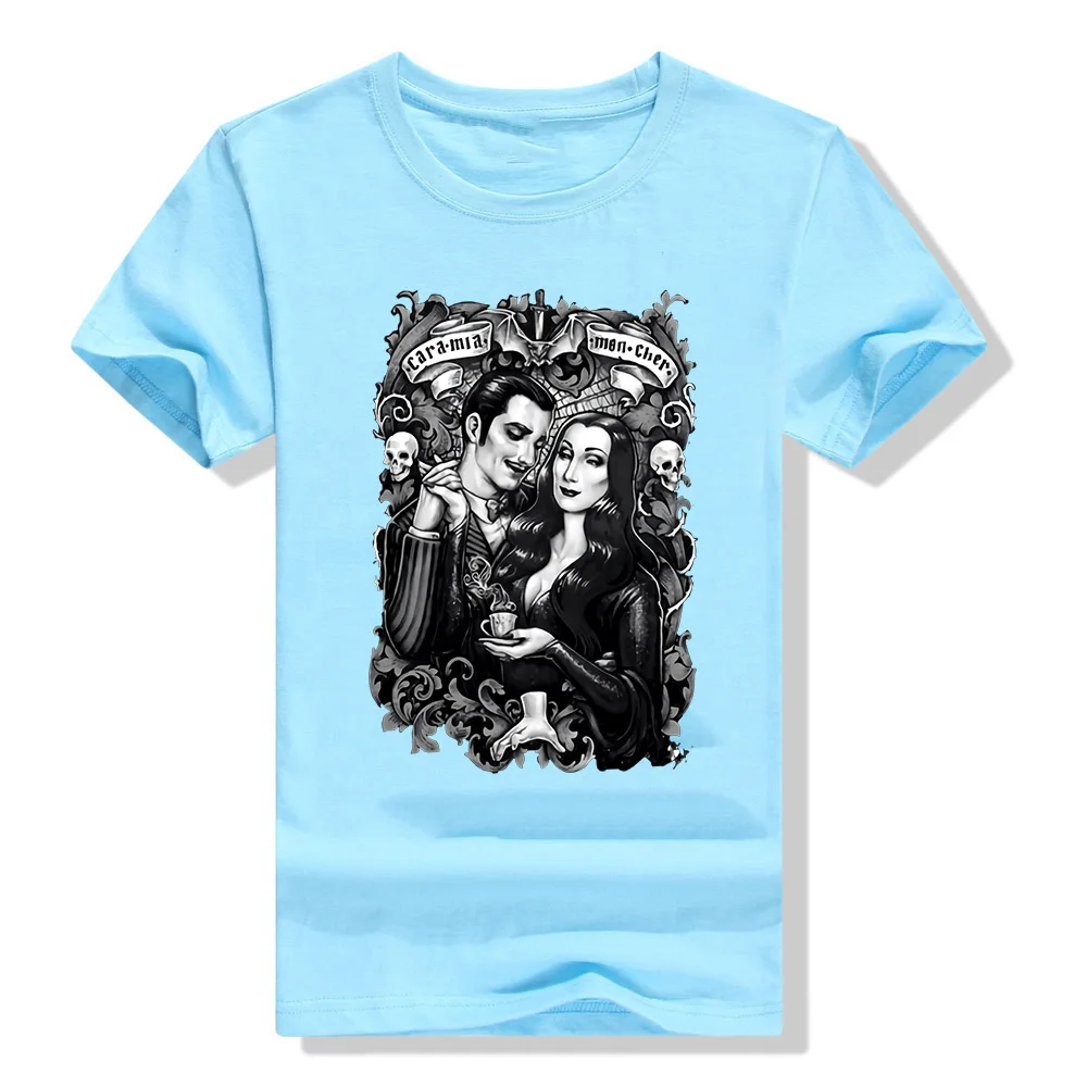 Небесно-голубой Черная футболка Cara My Mon Cher Morticia And Gomez The Addams family Horror футболка с фигурным рисунком - Цвет: Небесно-голубой